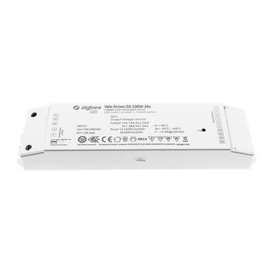 Image du Zigbee Light-Driver-ZG-100W-24V blanc rectangulaire avec détails techniques, logos et symboles de certification, idéal pour les solutions d'éclairage LED.