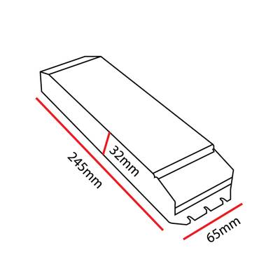 Dessin au trait d'un luminaire LED rectangulaire mesurant 245 mm x 65 mm x 32 mm avec un détail en quinconce à une extrémité pour améliorer le design.