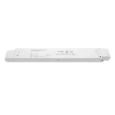 Contrôleur LED rectangulaire blanc avec informations techniques et icônes de sécurité, idéal pour une alimentation efficace et sûre des lampes LED dans différents contextes.