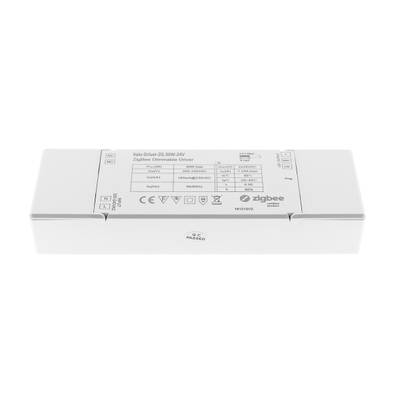 Texte alternatif : "Contrôleur Zigbee rectangulaire blanc à gradation avec des informations détaillées et des symboles pour les systèmes d'éclairage LED sur la face avant.