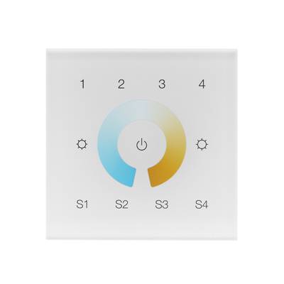 Panneau de contrôle de l'éclairage LED avec écran tactile, variateur, bouton d'alimentation, icônes solaires, zones S1-S4.