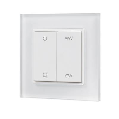 Panneau d'interrupteurs à LED blanches avec boutons : alimentation, blanc chaud, blanc froid et symbole de contrôle de la luminosité pour un éclairage personnalisable.
