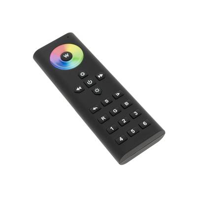 Texte alternatif : "Télécommande avec roue chromatique ronde, touches fléchées, touches RGB et clavier numérique avec fond blanc pour l'éclairage LED.