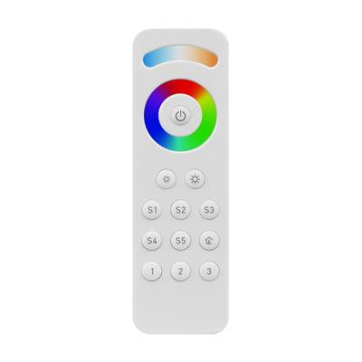 "Télécommande blanche avec roue chromatique arc-en-ciel, boutons d'alimentation et de luminosité, six boutons préréglés S1-S6 et trois boutons numérotés.