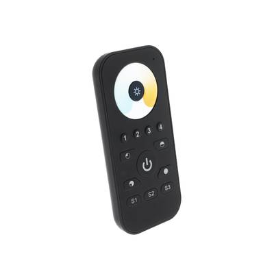 "Télécommande noire avec des boutons numérotés 1-4, S1-S3 et un symbole de puissance sous le pavé tactile circulaire pour les réglages de la lumière LED.