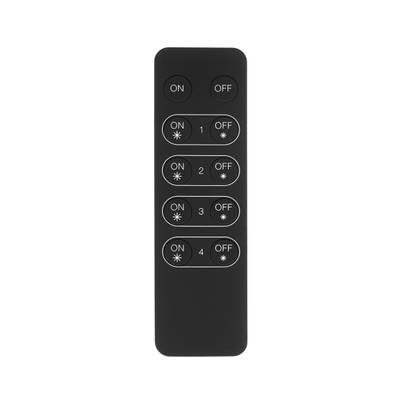 "Une télécommande noire avec quatre boutons marche/arrêt, numérotés de 1 à 4, apparaît sur un fond blanc dans les systèmes d'éclairage LED.