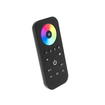 "Télécommande d'éclairage LED noire avec roue chromatique ronde, bouton marche/arrêt et commandes de luminosité pour un réglage facile de l'éclairage.