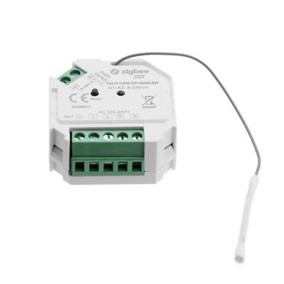Interrupteur intelligent Zigbee blanc, connecteurs verts, autocollant de données techniques, fil d'antenne blanc sur le côté pour le contrôle de l'éclairage LED.