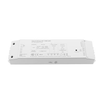 Texte alternatif : "Contrôleur LED RF rectangulaire blanc à gradation avec spécifications et symboles imprimés sur la surface pour un contrôle efficace de l'éclairage.