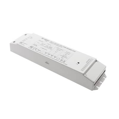 Contrôleur LED rectangulaire avec informations techniques et symboles de sécurité imprimés, idéal pour les systèmes d'éclairage électroniques. Composant économe en énergie pour les installations LED.