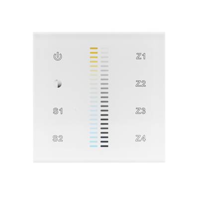 Le panneau tactile numérique blanc comprend un bouton d'alimentation, des capteurs S1 et S2 et des détecteurs de zone Z1-Z4 avec des barres de couleur dégradées pour le contrôle de l'éclairage par LED.
