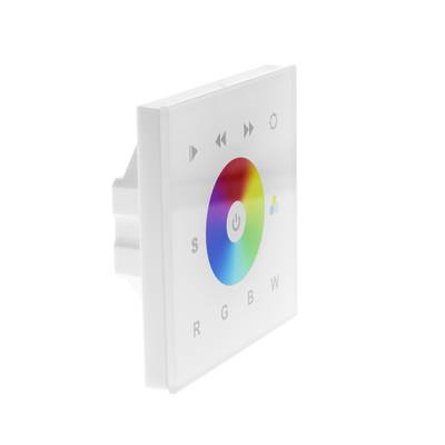 Panneau tactile rectangulaire blanc pour l'éclairage LED RVB avec une roue chromatique circulaire et des boutons pour l'alimentation, les réglages et la navigation.
