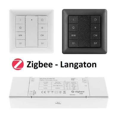 Texte alternatif : Panneaux d'interrupteurs d'éclairage sans fil Zigbee avec boutons noirs et blancs et module de contrôle Zigbee blanc. Le texte indique : "Zigbee Wireless".