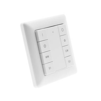Interrupteur mural pour éclairage LED : carré, design blanc avec boutons pour la gradation, la chaleur des couleurs (WW/CW) et les fonctions d'alimentation (I, O, S1, S2).