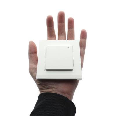 Interrupteur à main carré, blanc, moderne sur fond blanc, symbolisant un contrôle avancé de l'éclairage par LED. Idéal pour les intérieurs contemporains.
