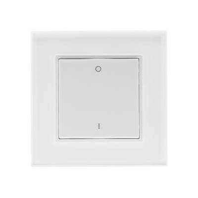 Interrupteur blanc minimaliste pour mur blanc avec éclairage LED, doté d'un petit cercle supérieur et d'une ligne inférieure pour une fonctionnalité élégante.