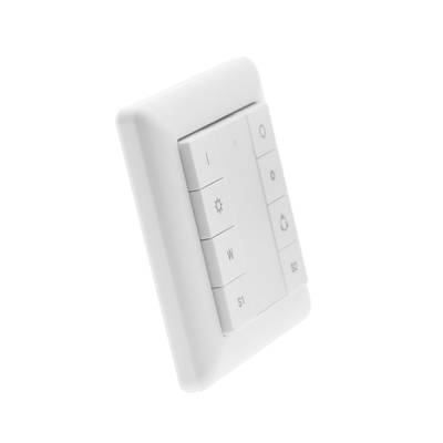 Interrupteur intelligent, design carré blanc avec boutons soleil, goutte de pluie, S1 et S2 ; idéal pour contrôler l'éclairage LED ; fond blanc minimaliste.