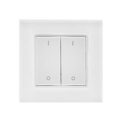 Interrupteur double avec deux boutons rectangulaires blancs sur fond blanc, adapté aux installations d'éclairage LED.
