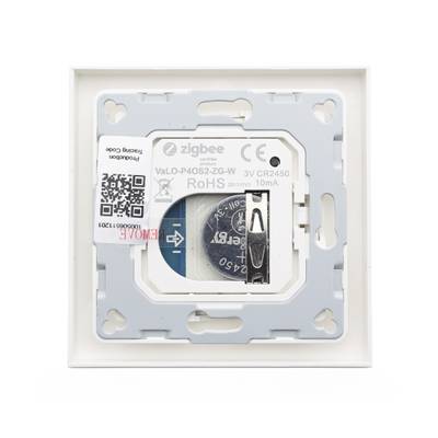 Vue du dessus d'un appareil domestique intelligent avec le logo Zigbee, le compartiment à piles et le code QR dans un boîtier blanc carré.