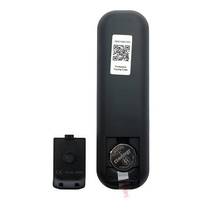 Télécommande noire avec compartiment à piles ouvert révélant une pile CR2025, adaptée au contrôle de l'éclairage LED.