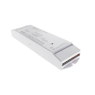 Contrôleur LED blanc rectangulaire avec informations imprimées sur la surface montrant les connexions électriques à l'extrémité, idéal pour les installations d'éclairage à faible consommation d'énergie.