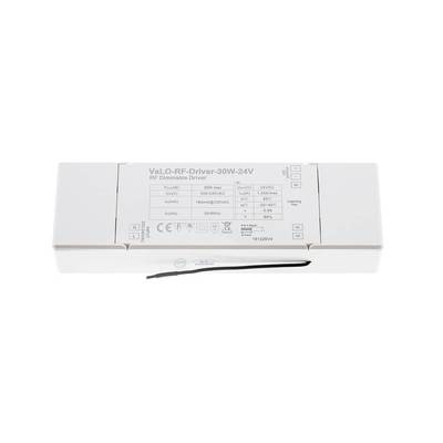 Contrôleur LED à gradation RF 30W-24V, contrôleur VaLO-RF avec informations produit et fil noir pour un contrôle efficace de l'éclairage.