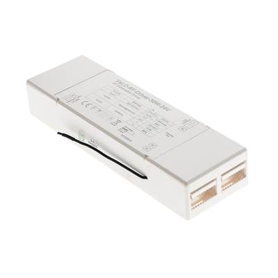 Bloc d'alimentation rectangulaire blanc avec connecteurs, étiquettes et spécifications pour les systèmes d'éclairage LED.