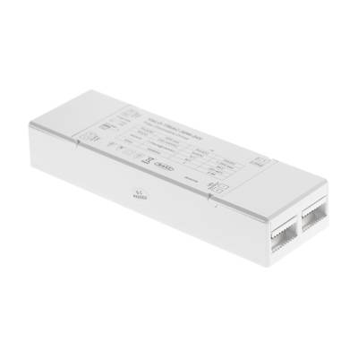 Transformateur d'éclairage LED avec instructions étiquetées et deux ouvertures, présenté sur un fond uni pour plus de clarté et de netteté.