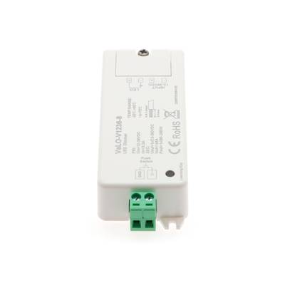 Contrôleur LED avec connecteur de ligne verte affichant les données d'entrée/sortie et les étiquettes de conformité, idéal pour améliorer les réglages d'éclairage à faible consommation d'énergie.
