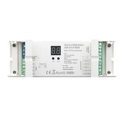 Contrôleur DALI DT8 avec affichage numérique et port dans un boîtier blanc avec les spécifications du système d'éclairage LED.