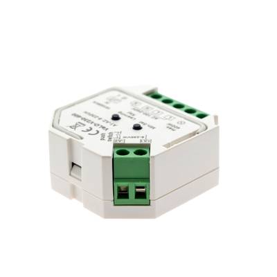 Module contrôleur LED blanc et vert avec connecteurs, symboles et étiquettes ; conception compacte pour un contrôle efficace de l'éclairage LED.