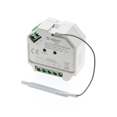 "Module de commutation Zigbee VaLV-230-ZG-250-SW2, blanc avec bouton de réinitialisation et connecteurs de fil, fond blanc.