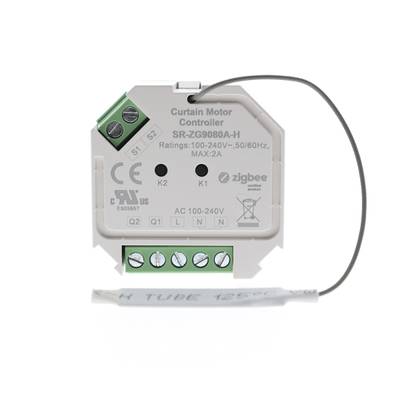 "Contrôleur de moteur de rideau SR-ZG9080A-H avec connexions de câblage, valeurs et certifications pour l'automatisation de l'éclairage par LED.