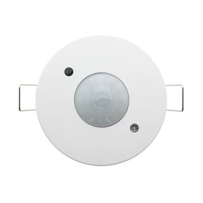 Détecteur de mouvement pour éclairage LED au plafond : blanc, avec lentille centrale, deux supports latéraux pour un positionnement sûr ; améliore le contrôle intelligent de l'éclairage.