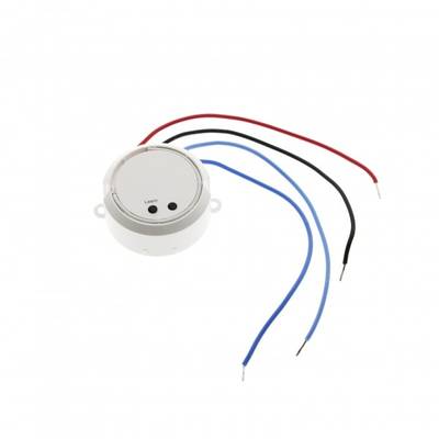 "Petit capteur rond à LED blanches avec fils rouges, noirs et bleus sur un fond blanc uni pour le référencement de l'éclairage.