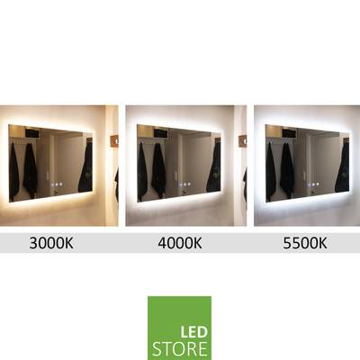 Trois miroirs avec des lumières LED : 3000K chaud, 4000K neutre et 5500K froid. Ci-dessous, le logo du magasin d'éclairage LED.