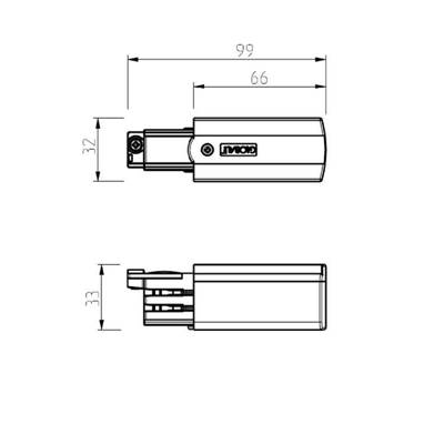 Dessin technique du composant électrique d'une lampe LED, dimensions 99x32x33mm. Détails marqués avec vue latérale pour plus de clarté.