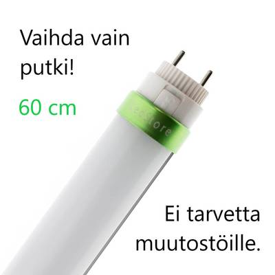 Tube lumineux LED avec ruban vert, 60 cm. Installation simple, sans modification. Texte en finnois : "Remplacez simplement le tube !