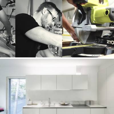 Trois images : installation d'éclairage sur un lieu de travail, scierie éclairée par des LED, cuisine éclairée par des plafonniers.