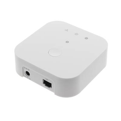 Hub domestique intelligent blanc de forme carrée avec quatre icônes en haut et des ports latéraux pour le réseau local et les alimentations, idéal pour l'intégration transparente de l'éclairage LED.