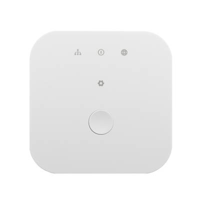 Texte alternatif : "Dispositif électronique blanc avec bouton rond et icônes de fonction, conçu pour le contrôle de l'éclairage LED.