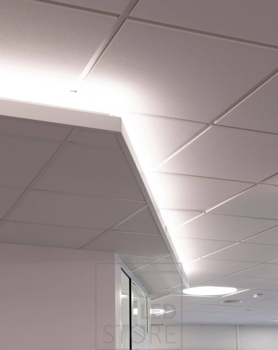 Eclairage indirect dans un couloir dans une boîte déroulante éclairée par le plafond.