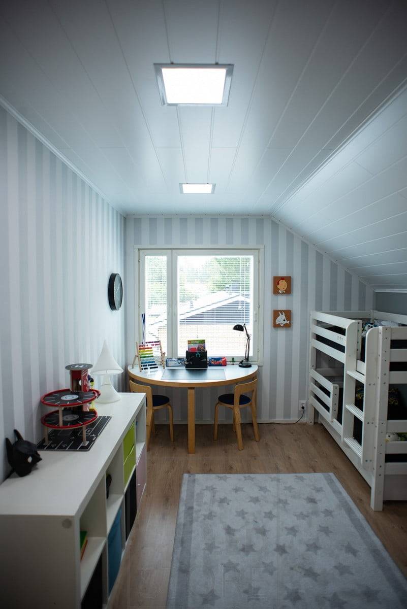 Éclairage de la chambre d'enfant - plafonnier avec panneaux lumineux LED à température de couleur. La lumière froide rafraîchit et favorise la concentration. Ledstore.fi