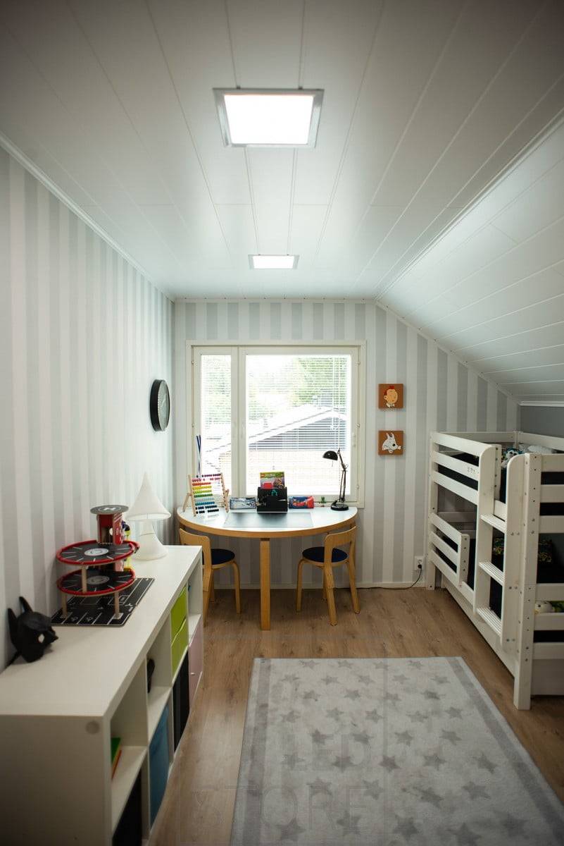 Éclairage de la chambre d'enfant - éclairage de plafond avec des panneaux lumineux LED à température de couleur contrôlée. La lumière neutre de 4000K est la plus incolore possible. Ledstore.fi