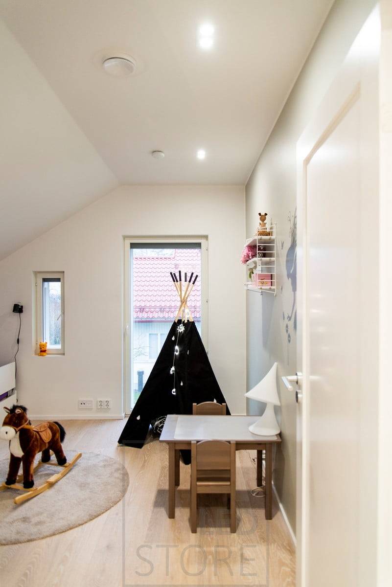 Spots à LED TUPLAKANTTI blancs dans la chambre des enfants, fournissant une lumière de haute qualité avec un indice de rendu des couleurs élevé. Le luminaire est dimmable et la température de couleur est réglable. Ledstore.fi