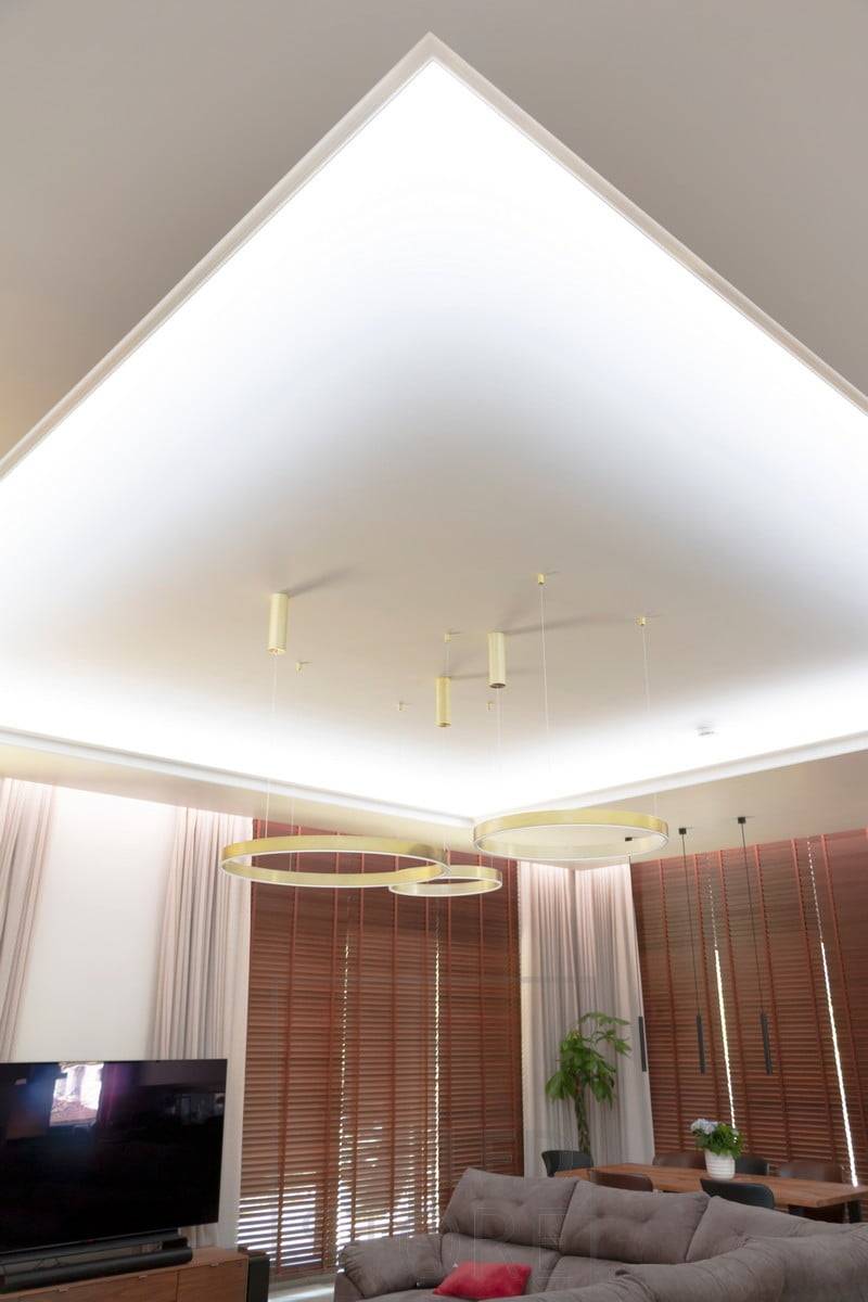 Ruban de leds dans un clip descendant autour du salon, dirigé vers le plafond, créant une belle voûte lumineuse. Ledstore.fi