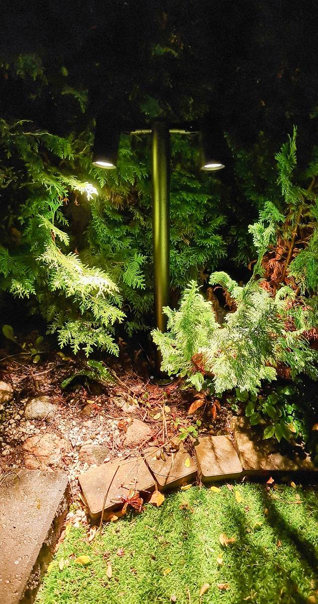 Pilier TILT 2 installé dans un jardin extérieur. Illumine les plantes du parterre à la tombée de la nuit.