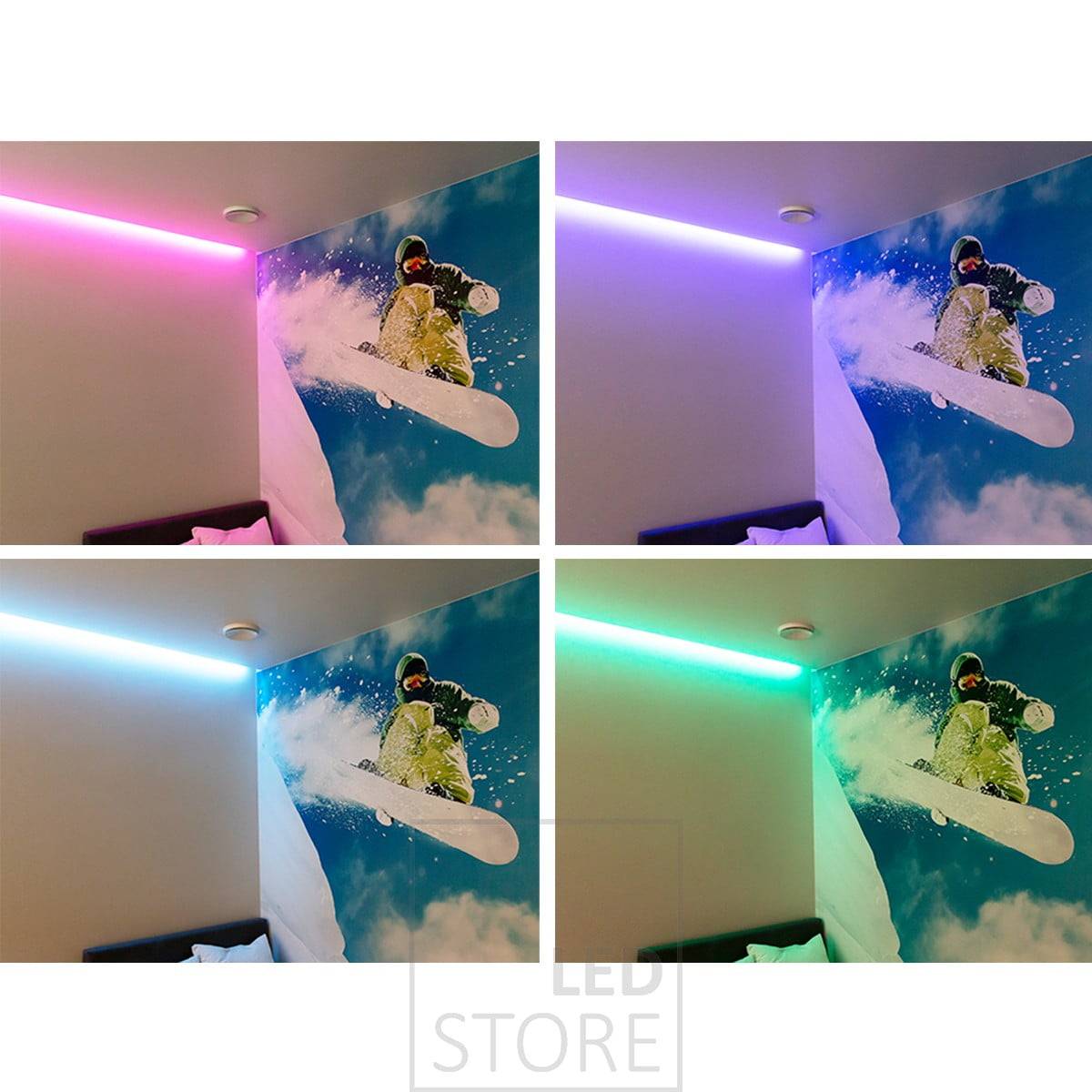 Eclairage d'ambiance personnalisable avec la bande de LED RGB+W, les couleurs de la lumière peuvent être ajustées en continu avec une commande filaire ou sans fil. Ledstore.fi