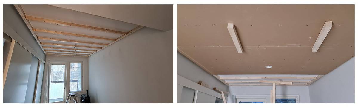 Menuiseries et plaques de plafond dans la chambre à coucher. Avec l'aide de