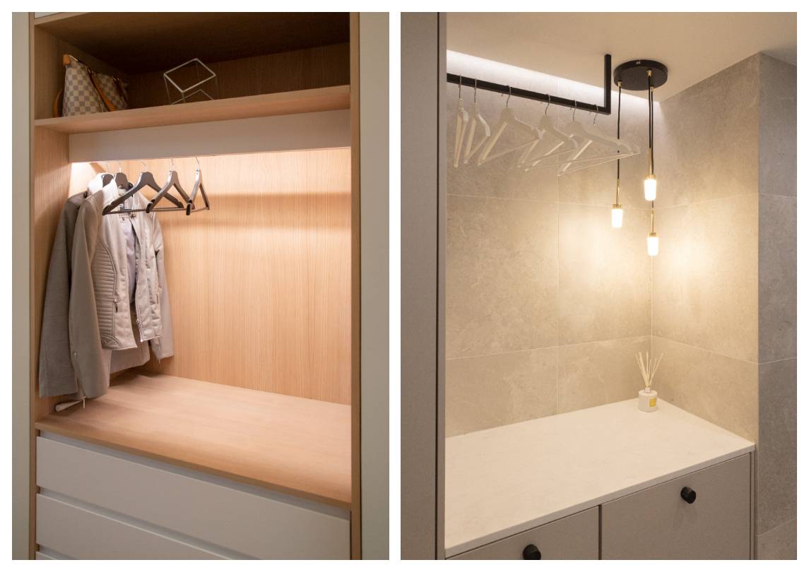 Dans l'image de gauche, des bandes LED sont suspendues à des cintres dans une armoire ouverte. Sur l'image de droite, derrière le portemanteau à l'interface plafond-mur, des bandes LED indirectes éclairent une armoire ouverte.   
